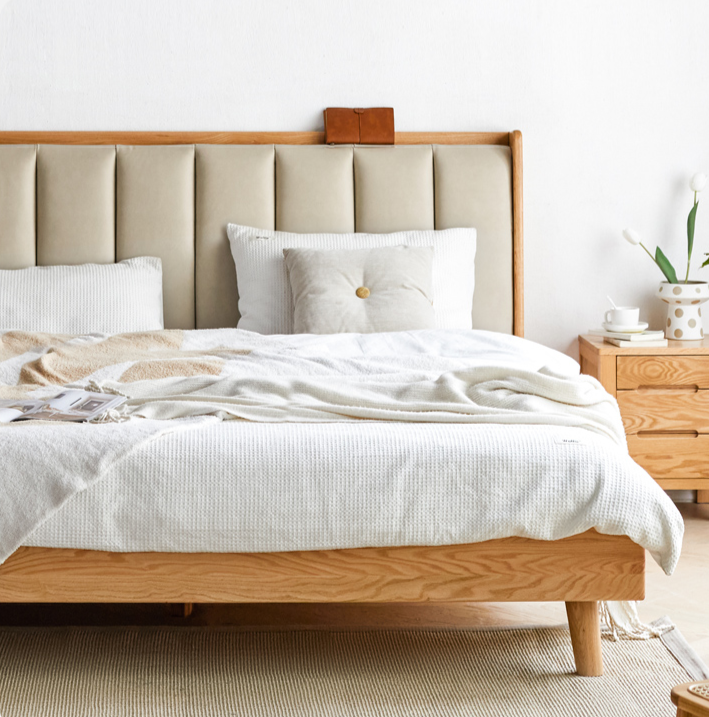 oak wood real leather bed frame, oak wood and leather bed - SlabstudioHongKong