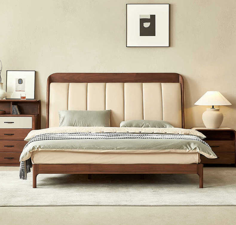 solid black walnut wood real leather bed, walnut wood leather bed - SlabstudioHongKong