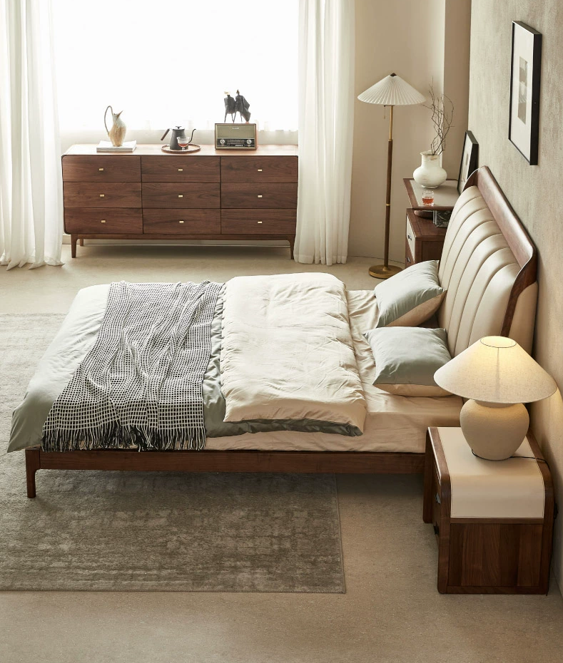 solid black walnut wood real leather bed, walnut wood leather bed - SlabstudioHongKong
