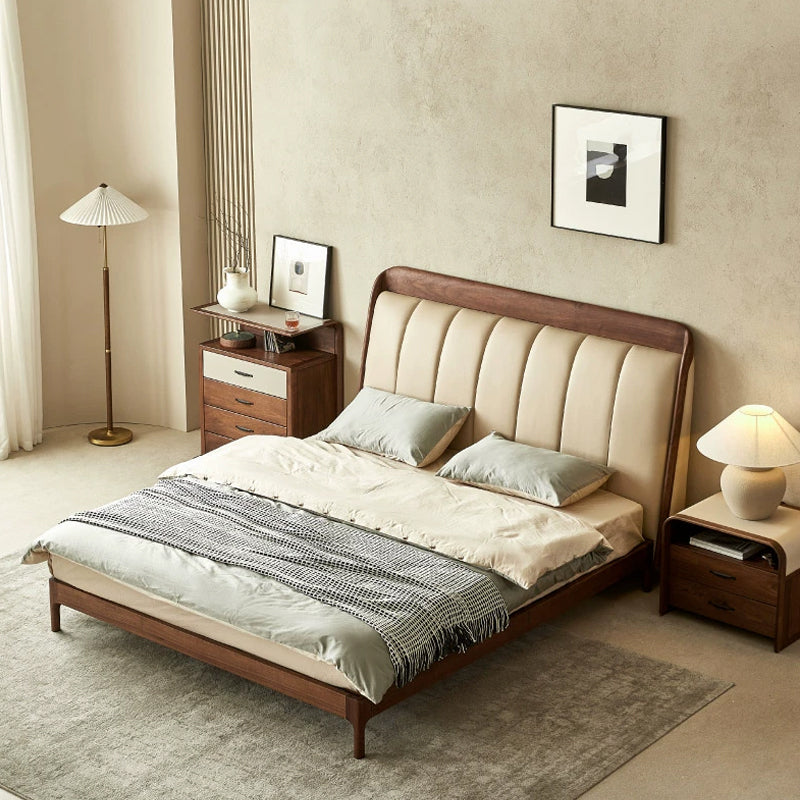 solid black walnut wood real leather bed, walnut wood leather bed - SlabstudioHongKong