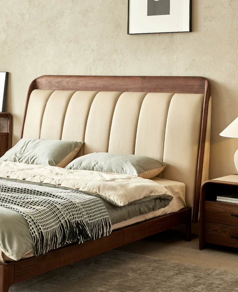 solid black walnut wood real leather bed, walnut wood leather bed - SlabstudioHongKong
