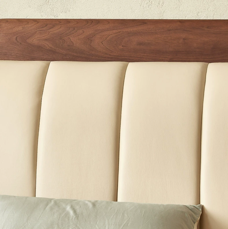 solid black walnut wood real leather bed, walnut wood leather bed - SlabstudioHongKong
