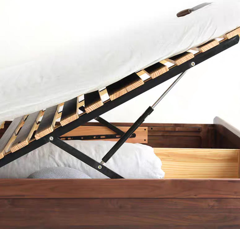 solid wood black walnut wood hydraulic bed, modern walnut wood bed - SlabstudioHongKong