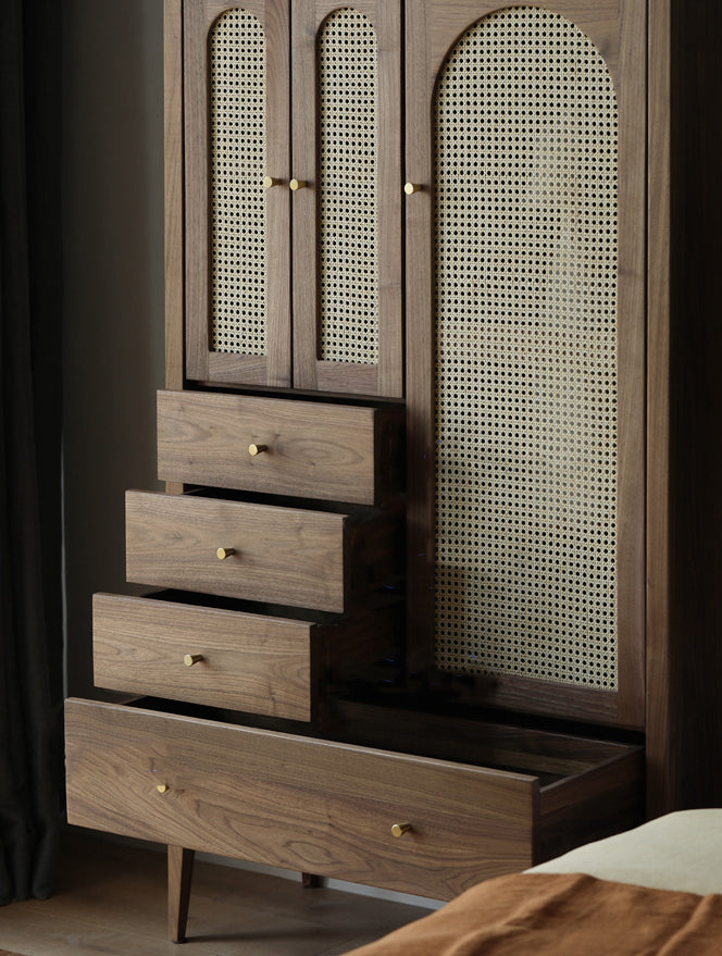Chic Vintage Walnut Wood Wardrobe with Rattan Door 