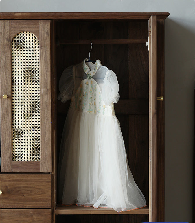 Chic Vintage Walnut Wood Wardrobe with Rattan Door 