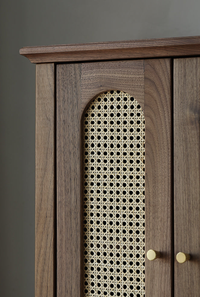 Chic Vintage Walnut Wood Wardrobe with Rattan Door 
