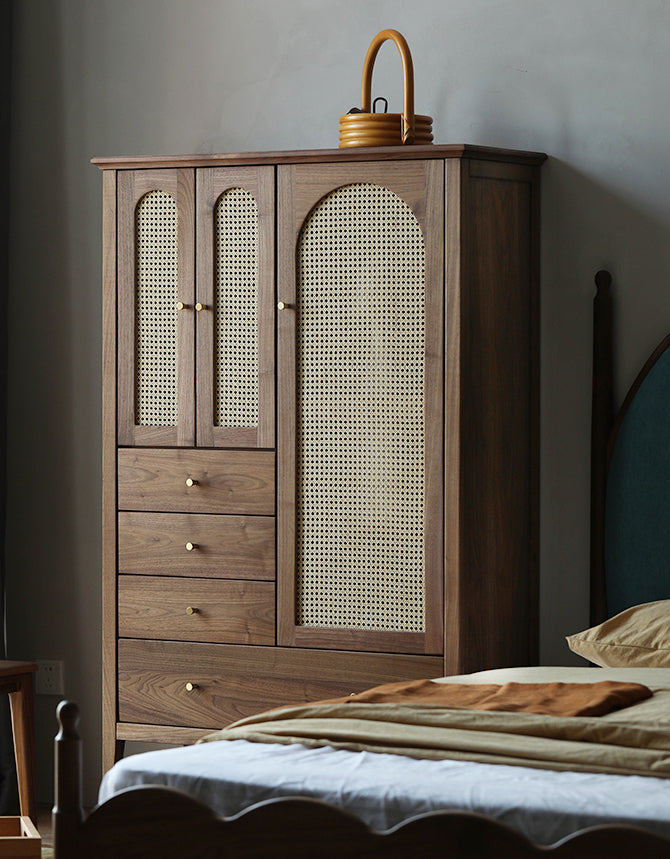 Chic Vintage Walnut Wood Wardrobe with Rattan Door 