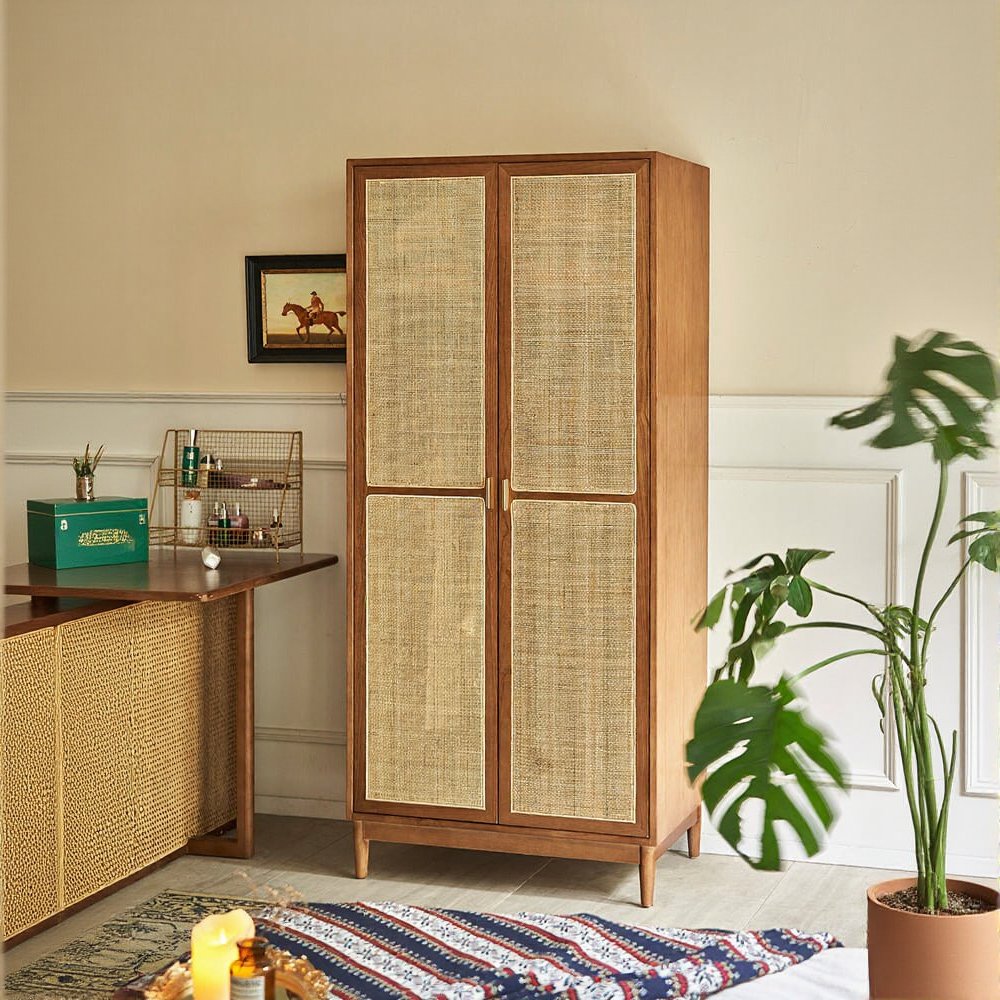 Natural Walnut Wood Wardrobe | Real Solid Wood Wardrobe Closet ...