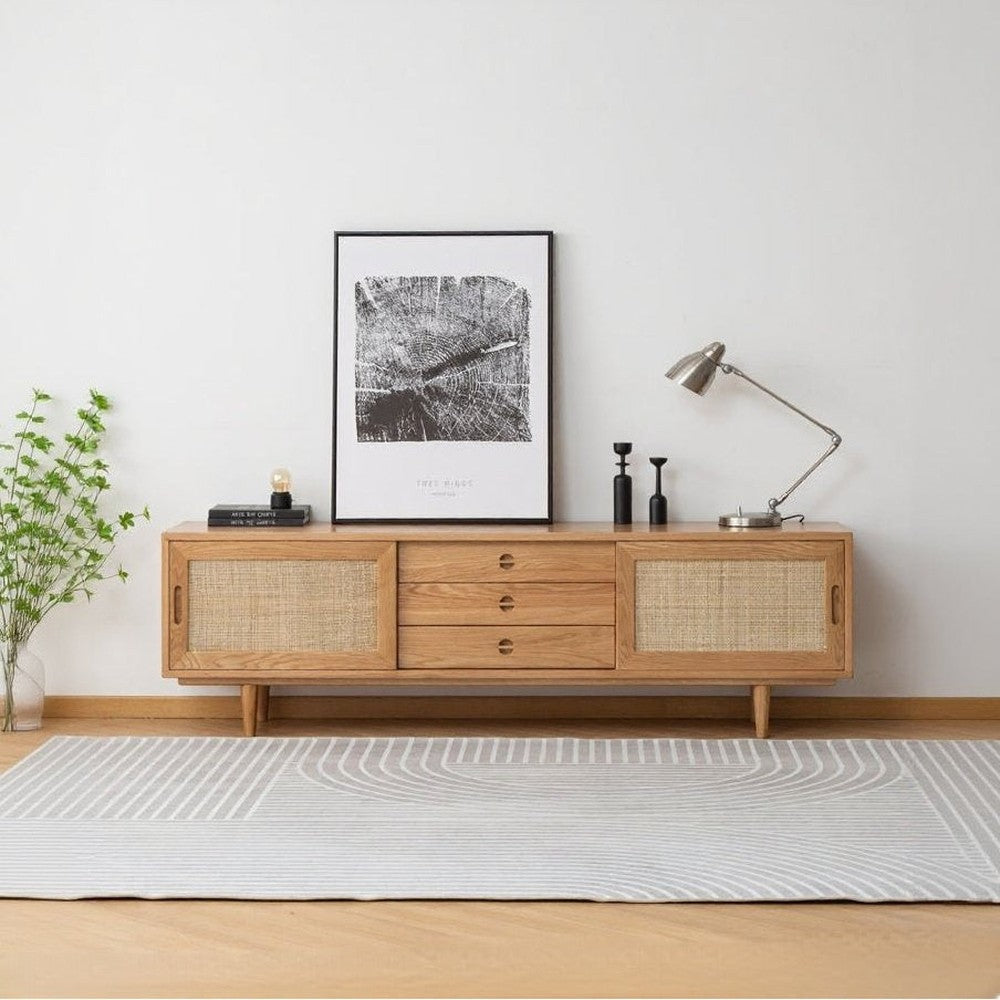 Tv Unit Ribbed Oak Multi-Functional Oak Wood TV Unit with Drawers