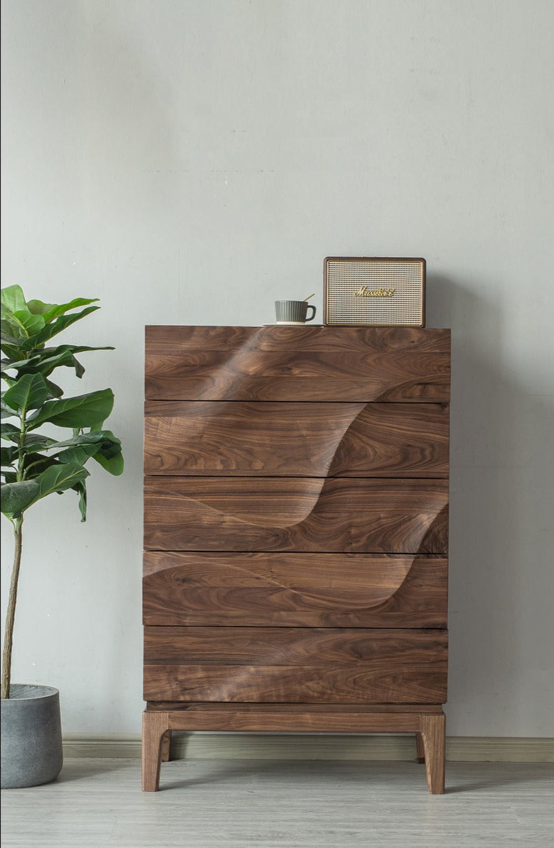 Cômoda moderna de nogueira sólida, armário de madeira com camada ondulada