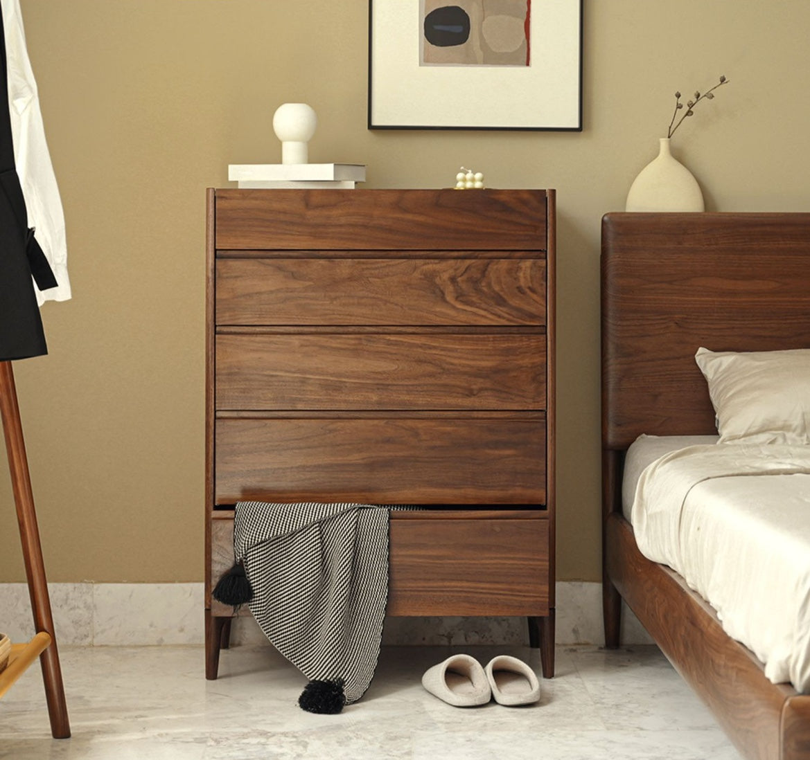cómoda de madera de nogal, cómoda de madera maciza, cómoda de madera con 5 cajones, cómoda alta de madera