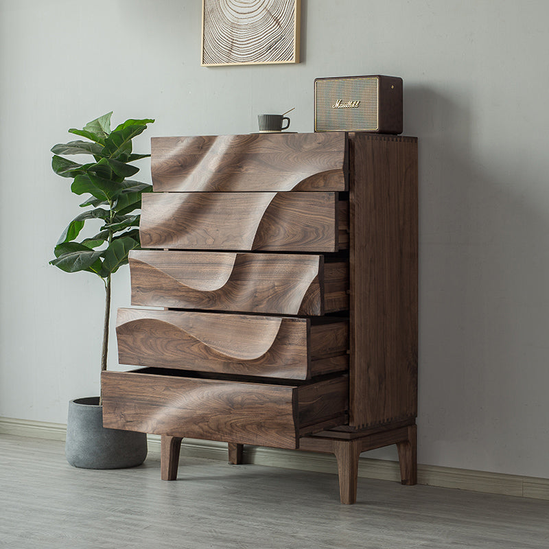 Cômoda moderna de nogueira sólida, armário de madeira com camada ondulada