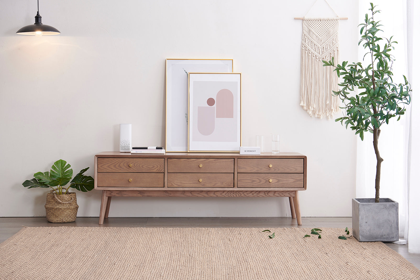 Mueble de TV de madera de fresno blanco, soporte de TV de diseño simple, soporte de TV de madera maciza