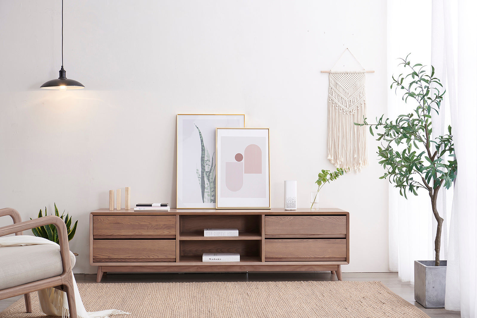 Table TV en bois de frêne blanc, centres multimédias en bois, meuble TV décoratif