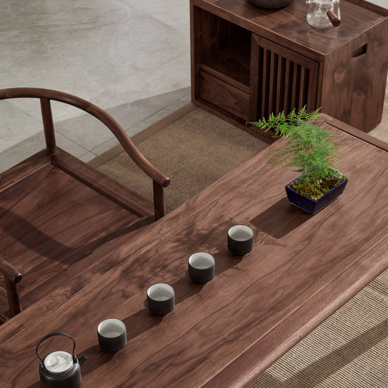 Mesa de centro de madeira de nogueira preta estilo japonês, mesa de centro grande, mesa de centro retangular simples