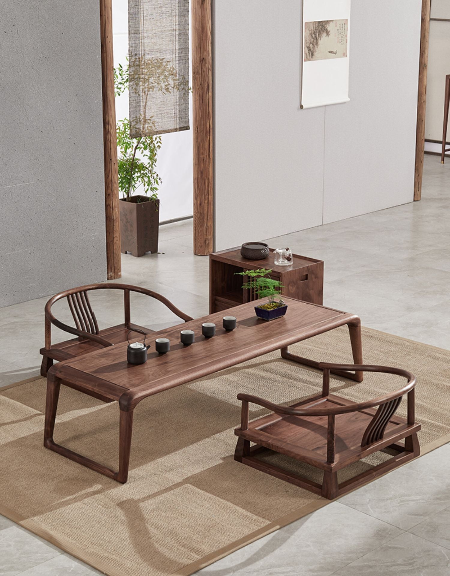 Soffbord i svart valnötsträ i japansk stil, stort soffbord, enkelt rektangulärt soffbord
