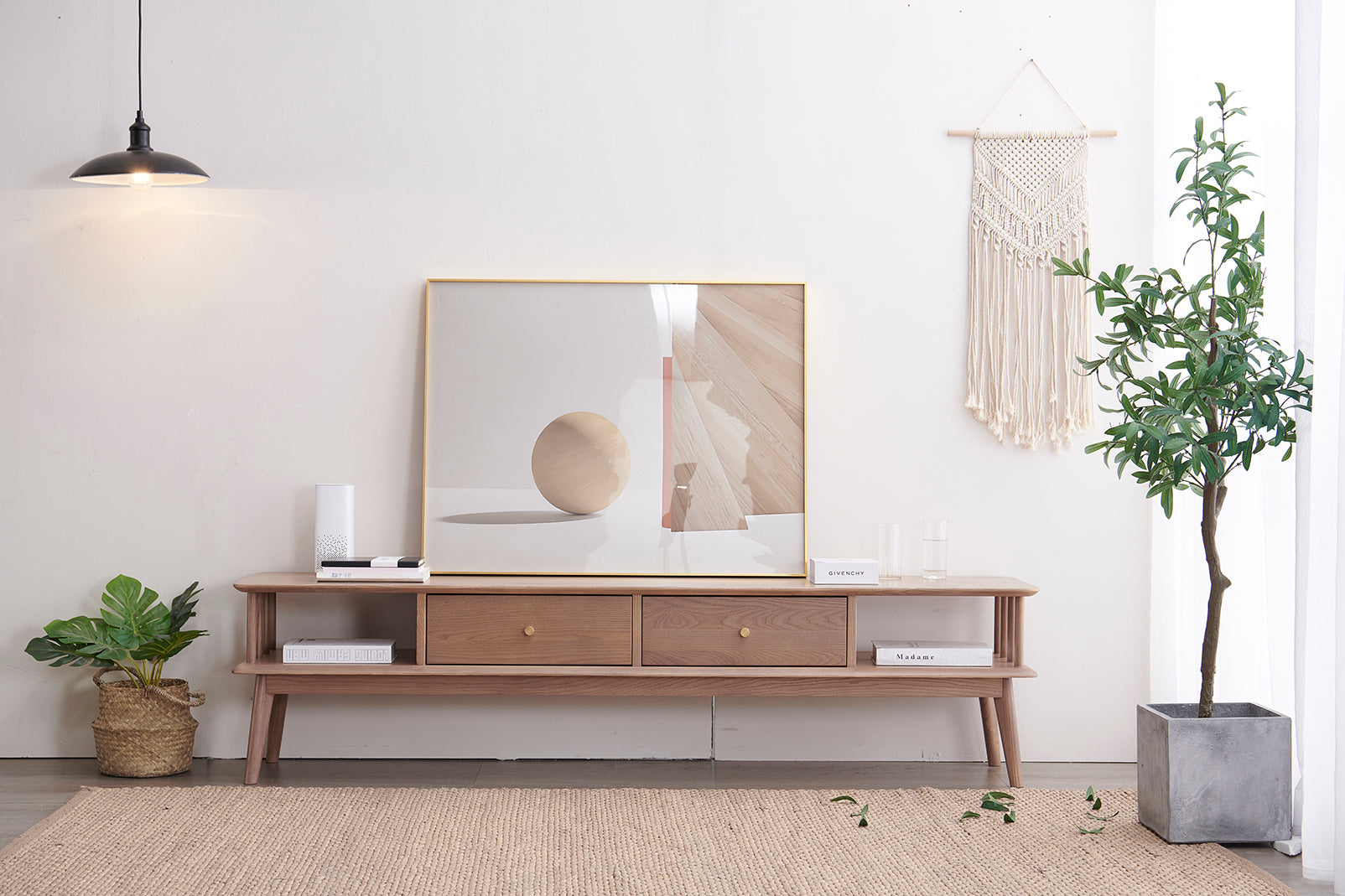 Mueble de TV moderno de mediados de siglo, madera maciza de fresno blanco, consola multimedia