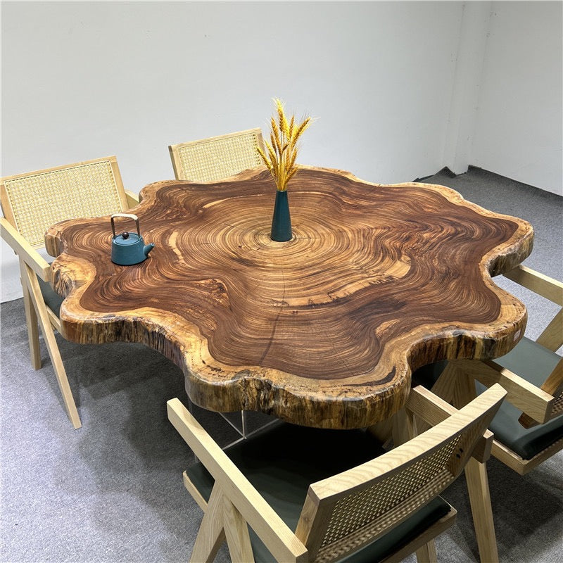 mesa redonda grande com borda viva, tampo de mesa redonda com borda viva, mesa de centro de meados do século