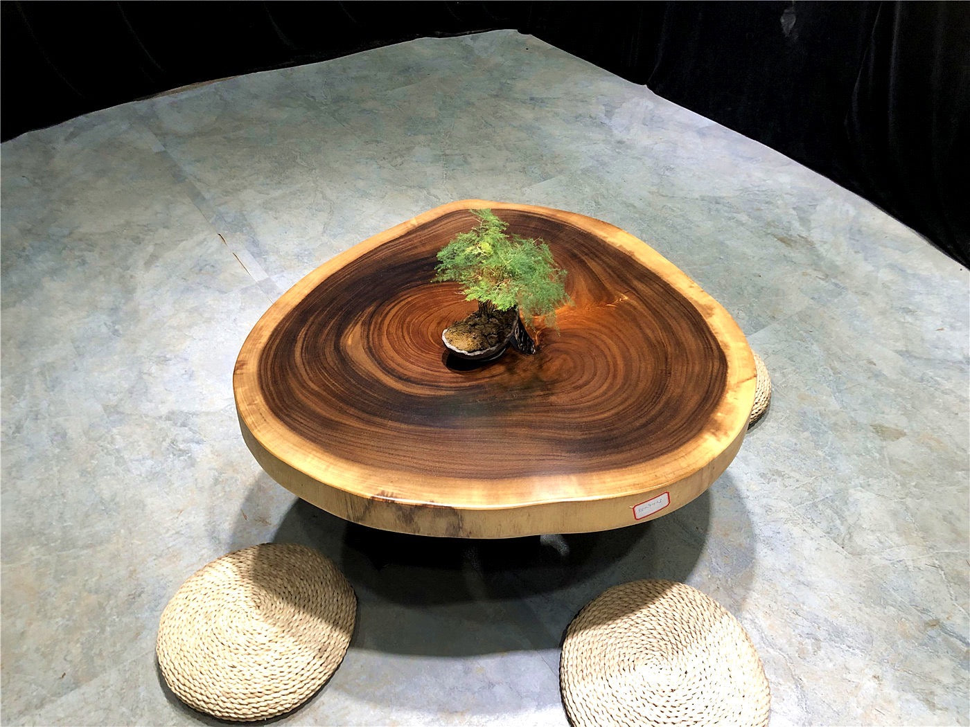 mesa de centro de caja y barril, mesa redonda de borde vivo mesa de centro de madera natural