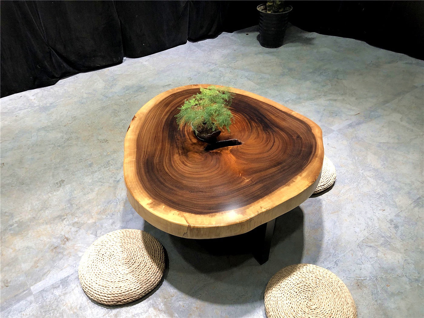 kasse og tønde sofabord, rund levende kant bord naturligt træ sofabord