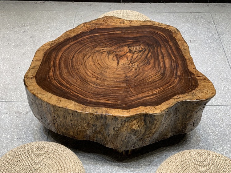 Mesa de centro de borde vivo, mesa de centro de madera redonda con tapa elevable, mesa de centro de tambor