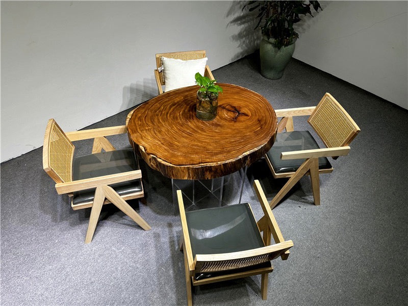 mesa de comedor redonda con borde vivo, mesa de centro redonda con borde vivo, mesas de centro