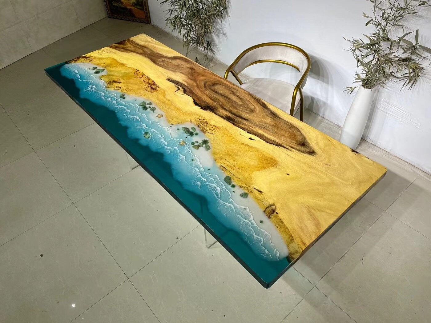 新しい青い海川モダンな青い海のダイニングルームの家具木製クルミエポキシ樹脂テーブル