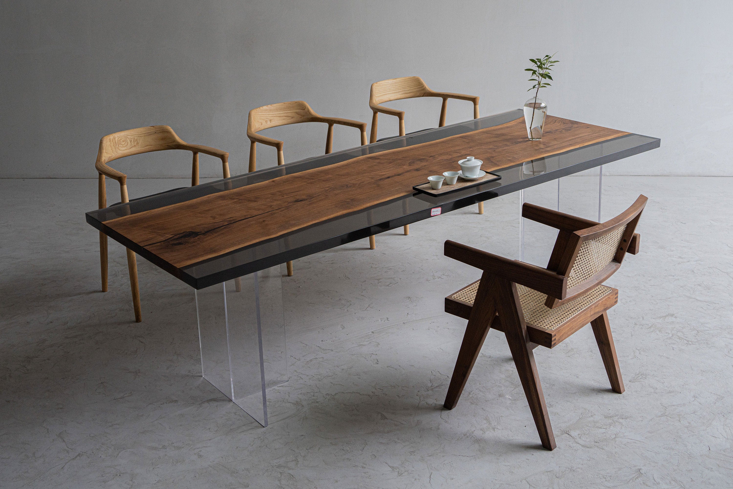 Mesa de resina epoxi de madera maciza de nogal negro, mesa de comedor, nogal negro