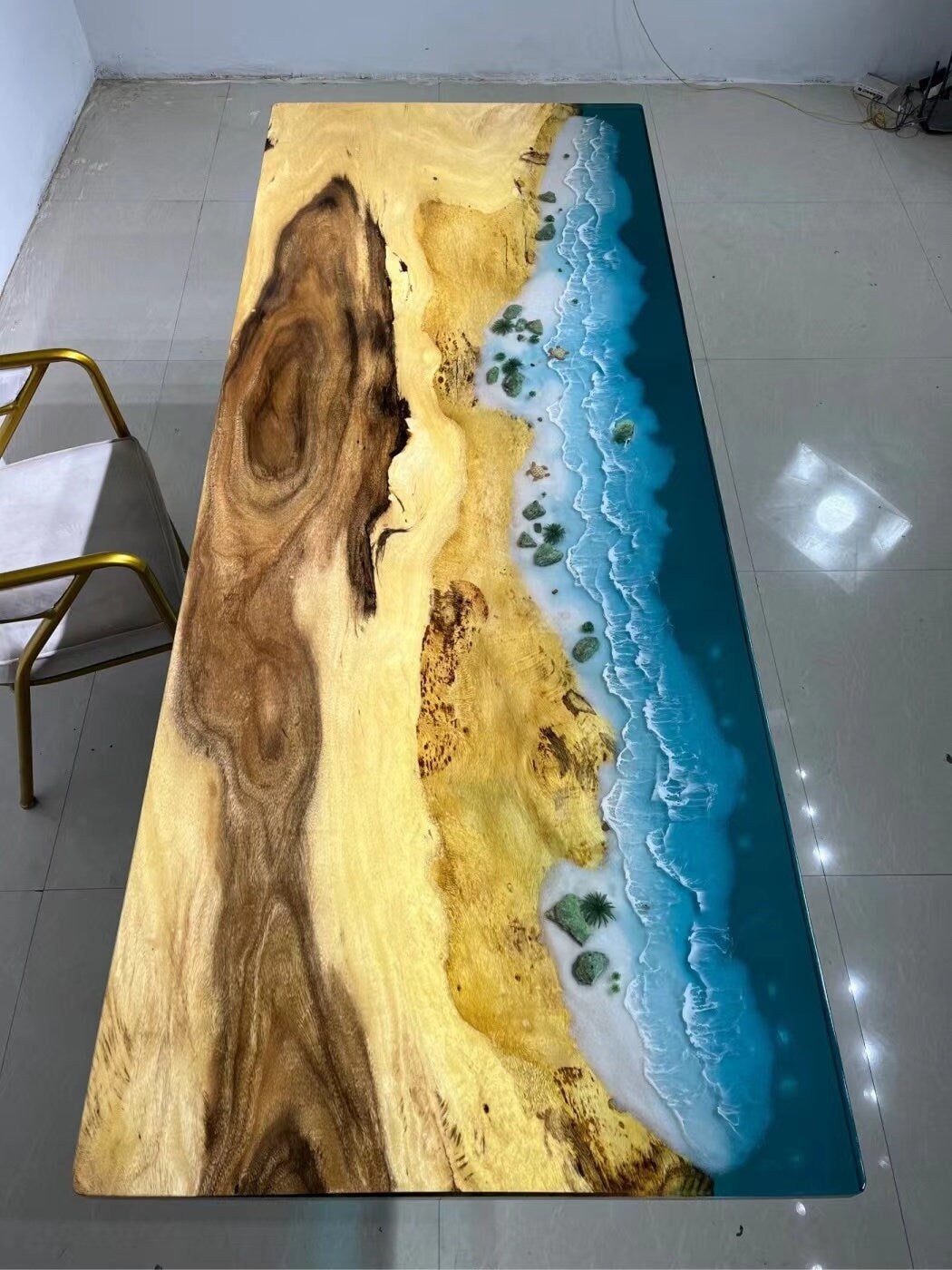 nya blå havet flod moderna blå havet matsal möbler trä valnöt Epoxi Resin bord