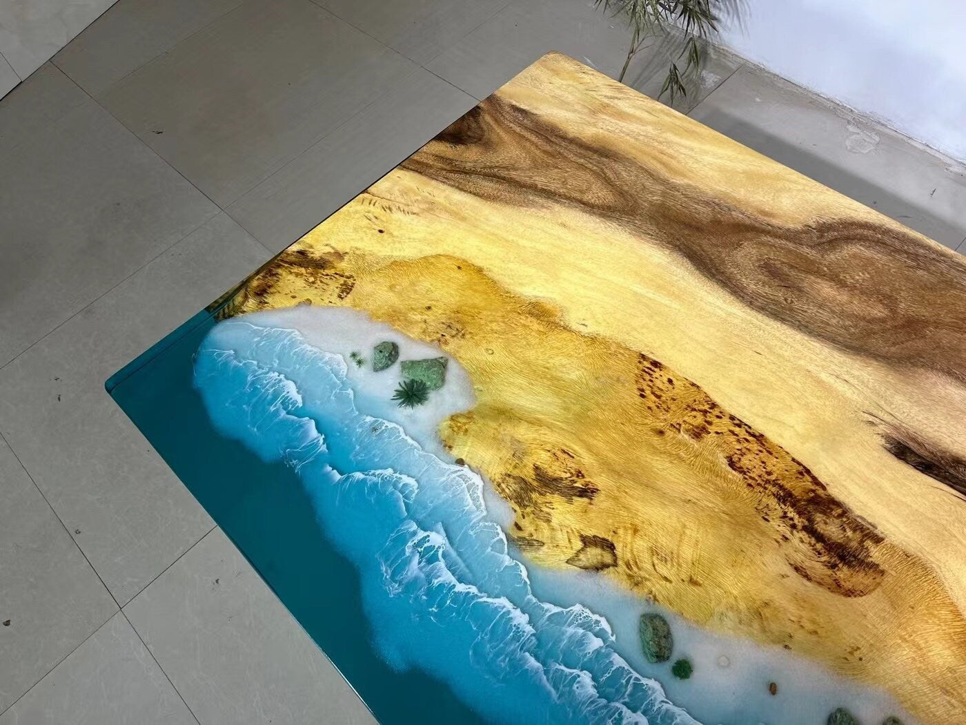 Novo azul mar rio moderno oceano azul móveis de sala de jantar madeira nogueira mesa de resina epóxi