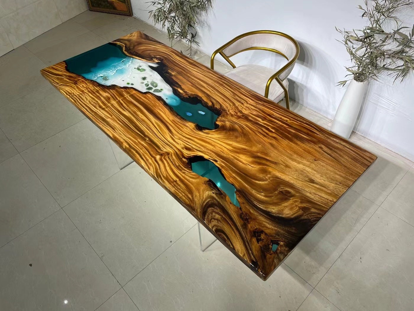Tavolo da pranzo Tavolino da scrivania in resina epossidica Tavolo di lusso in legno epossidico trasparente River