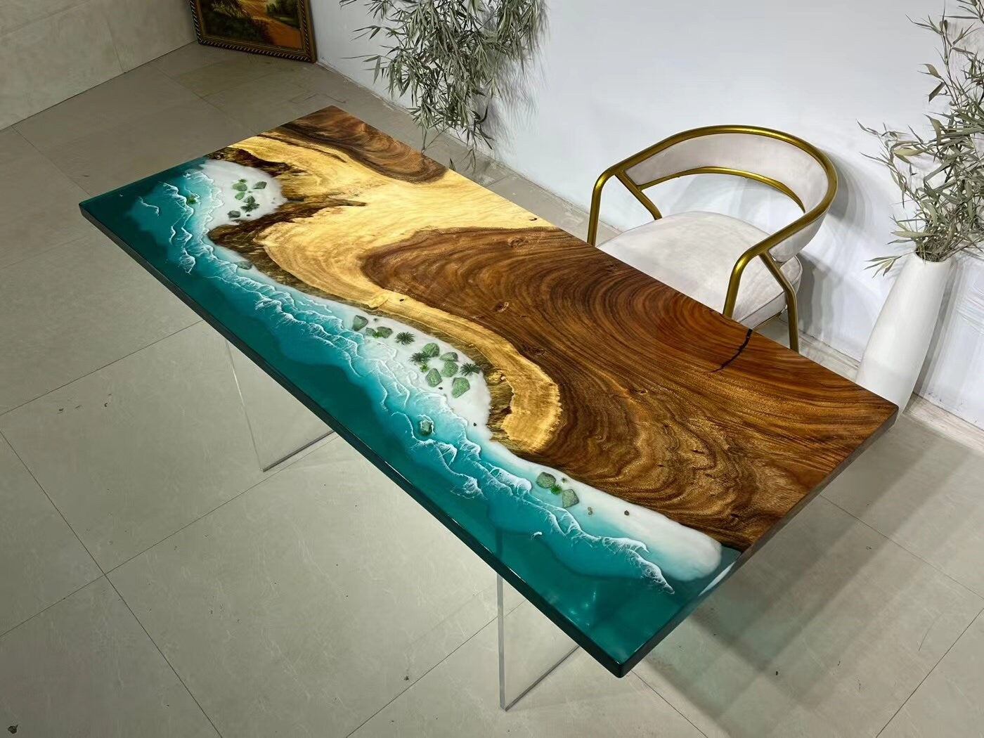 Escultura epoxi estilo océano madera maciza resina arte cristal claro artesanía muebles superior