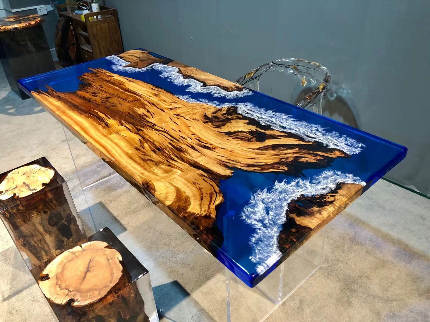 طاولة زيتون، سطح طاولة إيبوكسي مخصص بالكامل لطاولة نهر راتينج سميك داخلي وخارجي