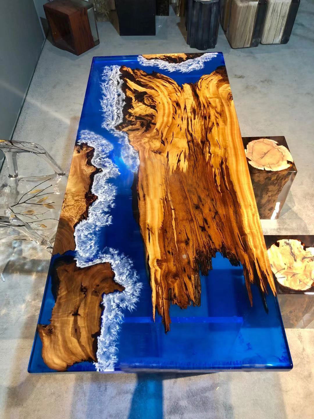 Oliventisch, Epoxidharz-Tischplatte, vollständig maßgeschneiderter River-Tisch aus dickem Harz für den Innen- und Außenbereich