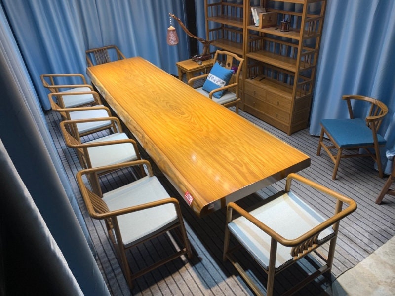 Móveis de borda viva feitos sob medida, mesa de teca, laje de teca, mesa de jantar de teca