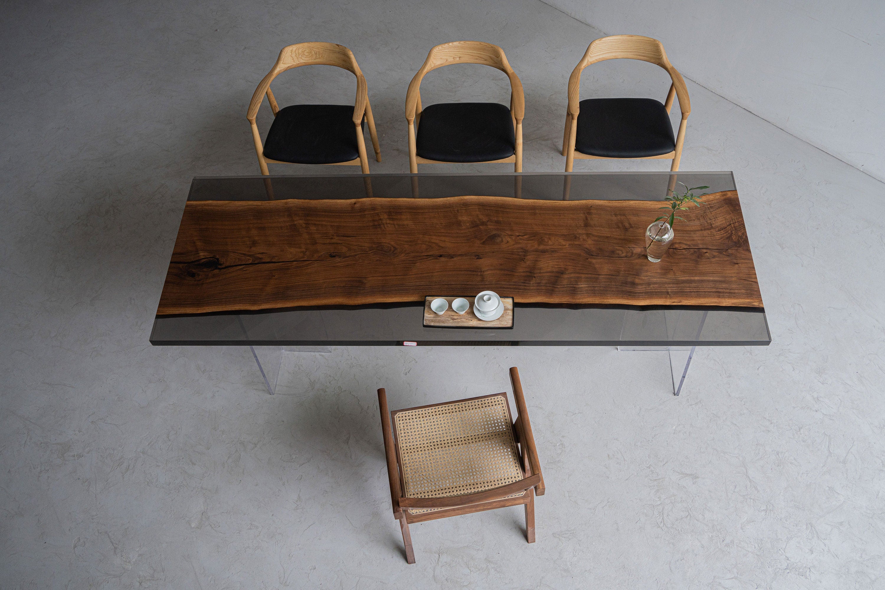 Mesa de resina epóxi de madeira maciça de nogueira preta, mesa de jantar, nogueira preta