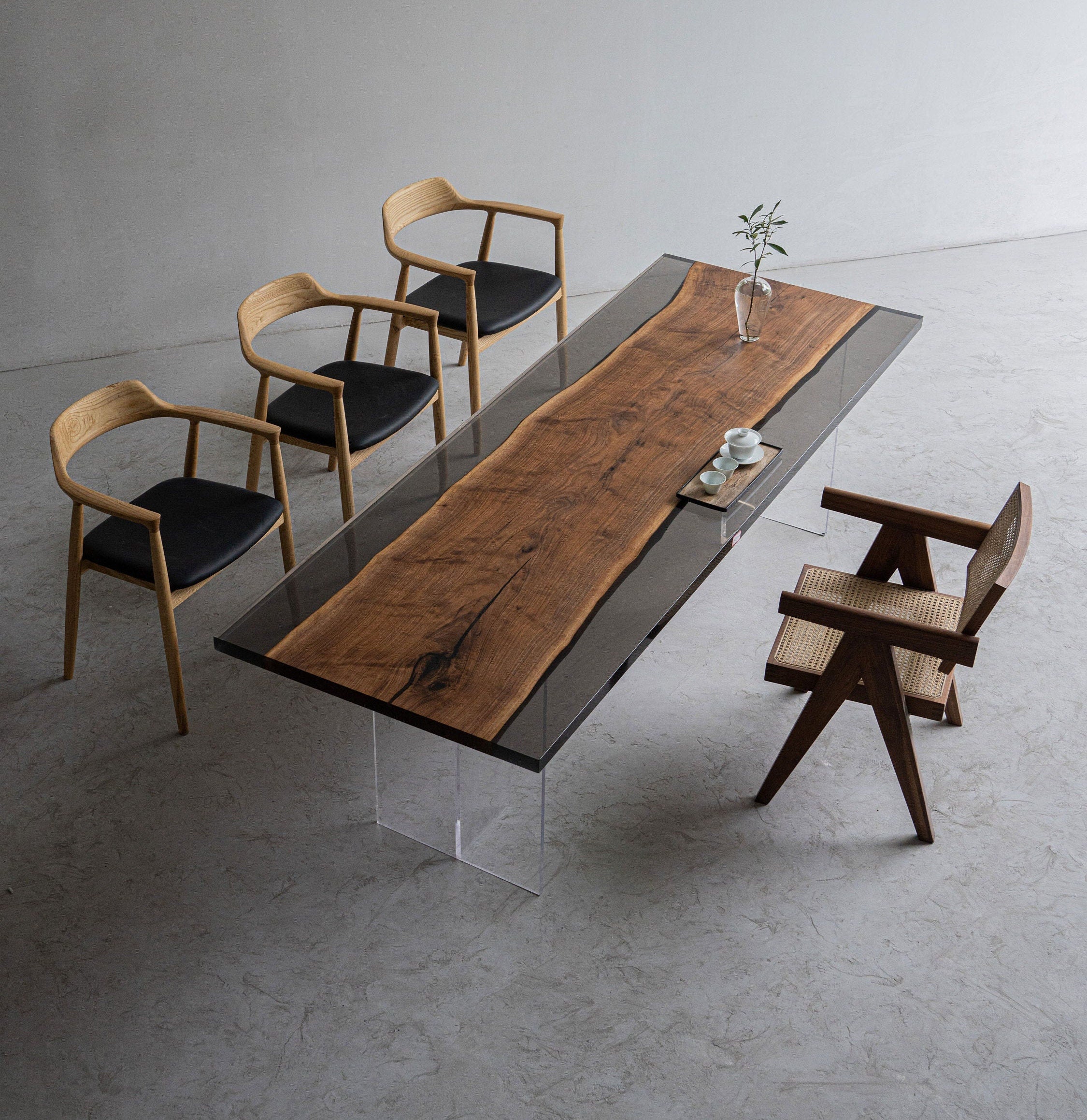 Mesa de resina epóxi de madeira maciça de nogueira preta, mesa de jantar, nogueira preta