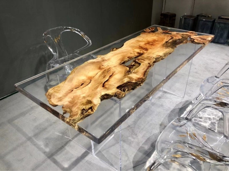 Essential Artworks Transparent Epoxy Resin Tabletop with Natural Wood Dinning Table Coffee Table