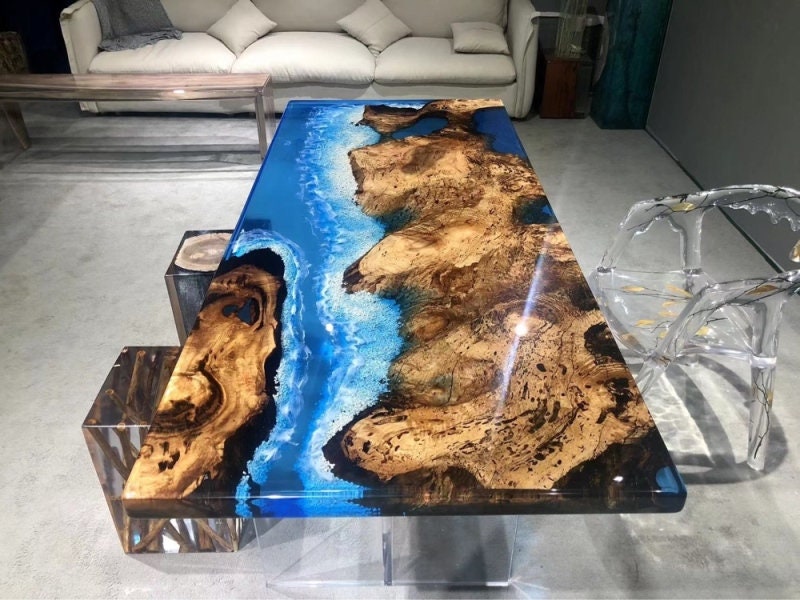 Table d’ombre, table de rivière Epoxy basse en bois massif, table époxy en résine
