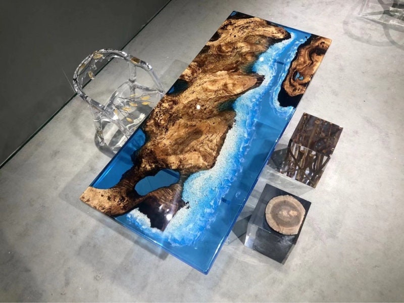 Mesa de sombra, mesa de madeira maciça de café epóxi rio, mesa de resina epóxi