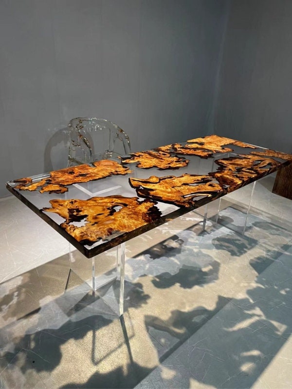 Mesa de rio de resina epóxi, laje espessa de borda viva superior transparente, mesa de sombra