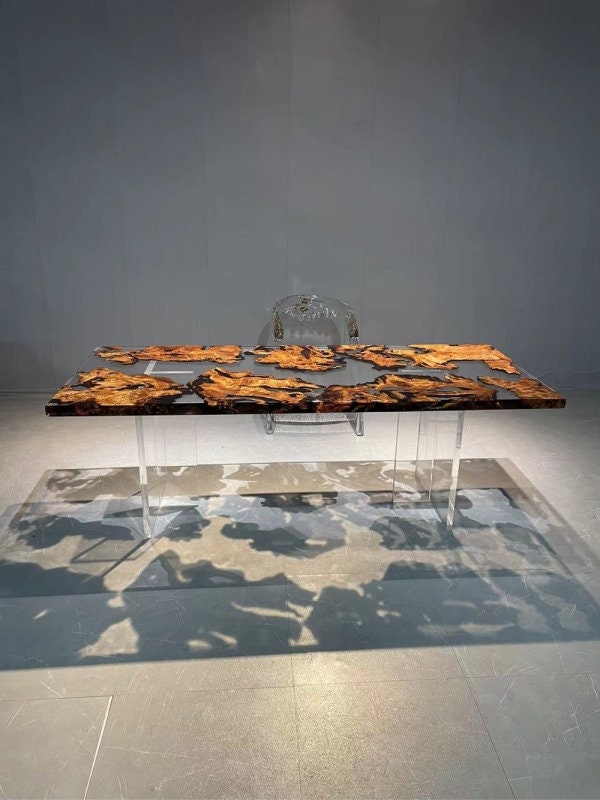 Epoxy Resin River Table, top live edge thick slab transparent, shadow table