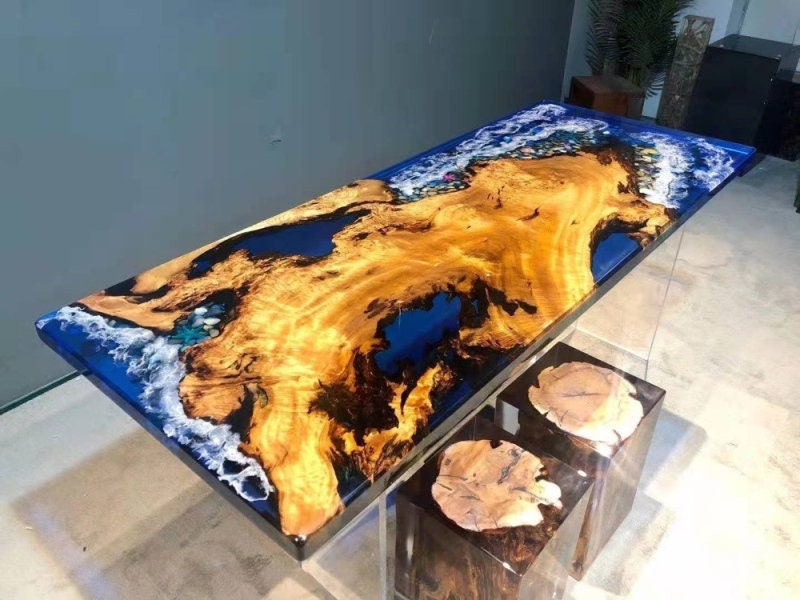Mesa de jantar de resina epóxi, feita à mão, resina epóxi, oceano, mesa de jantar