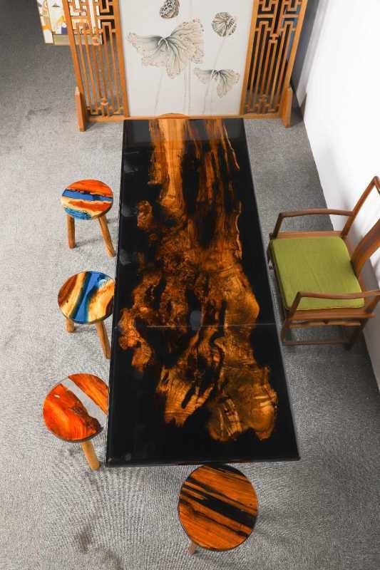 Unique River Epoxy Resin Solid camphor wood, Cafeteria Decors, Wood dining table