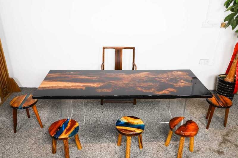 Unique River Epoxy Resin Solid camphor wood, Cafeteria Decors, Wood dining table