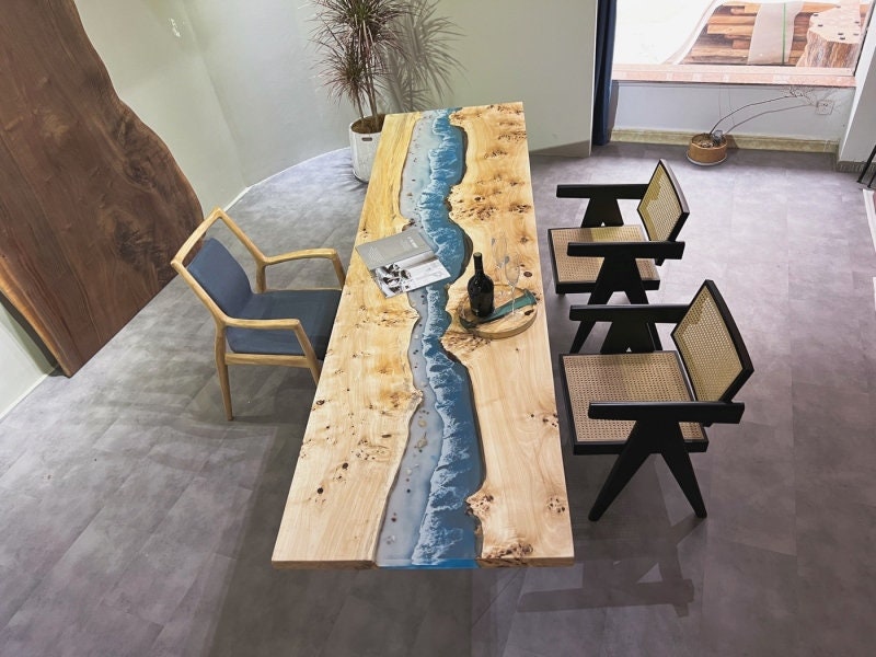 Blue Resin River Table, Custom Handmade Epoxy Bord