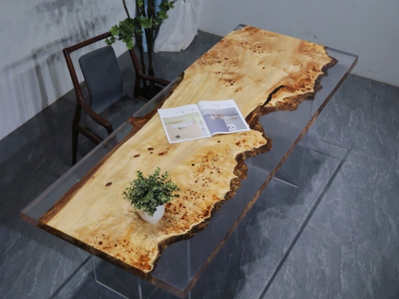 Harpiksbord, spisebord, håndlavet bord, bord i ét stykke, hvidt farvet epoxyharpiksbord