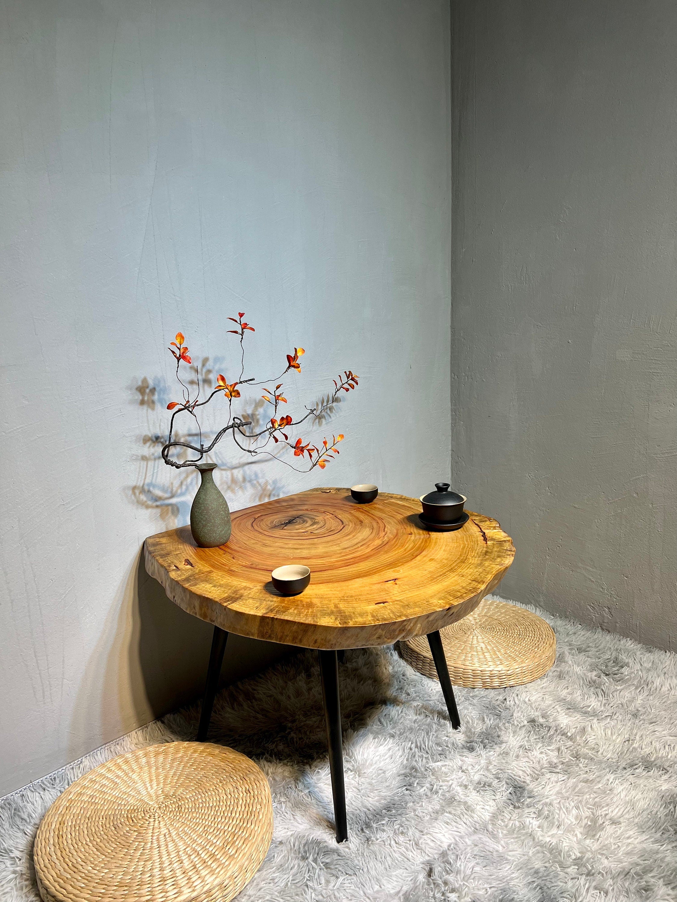 Mesa de centro de madeira com borda viva, mesa de madeira de oliveira, mesa de centro de madeira de alta qualidade