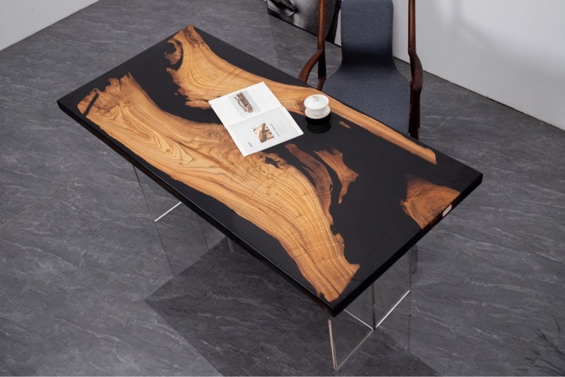 Mariposa de río negra de resina epoxi personalizada, mesa de comedor de bar, mesa de centro