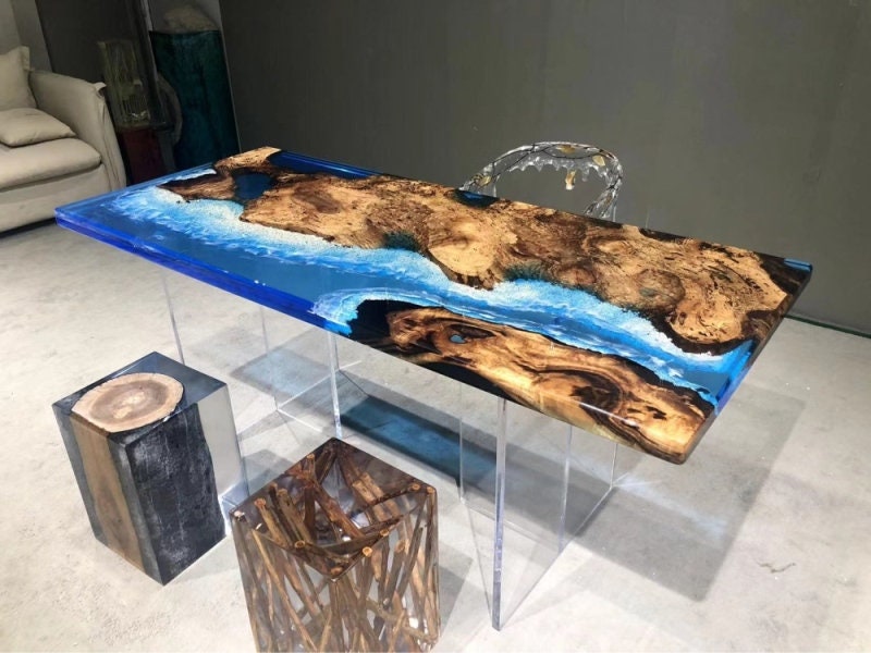 Mesa de sombra, mesa de río epoxi de café de madera maciza, mesa de resina epoxi